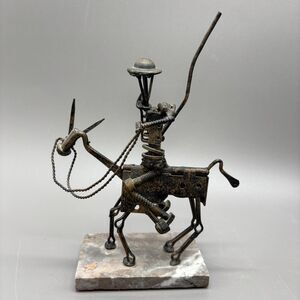 Don Quixote Metal Sculpture Steampunk Folk Art Scrap Horse Rider Stone Base 9"